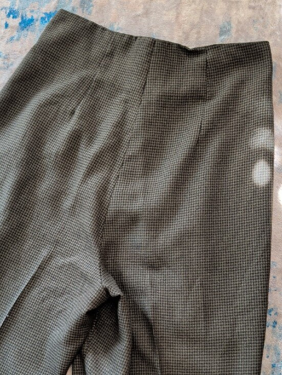Vintage Tailored High-Waist Pleated Houndstooth Pants in Dark Olive Women's