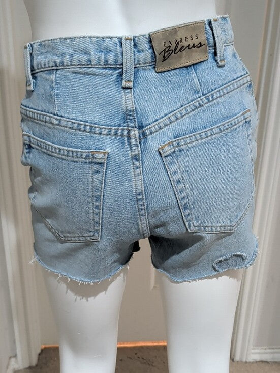 Express Bleus Light Wash Denim Shorts w/ Floral Appliqués Women's 3/4 Retro y2k 90s VTG