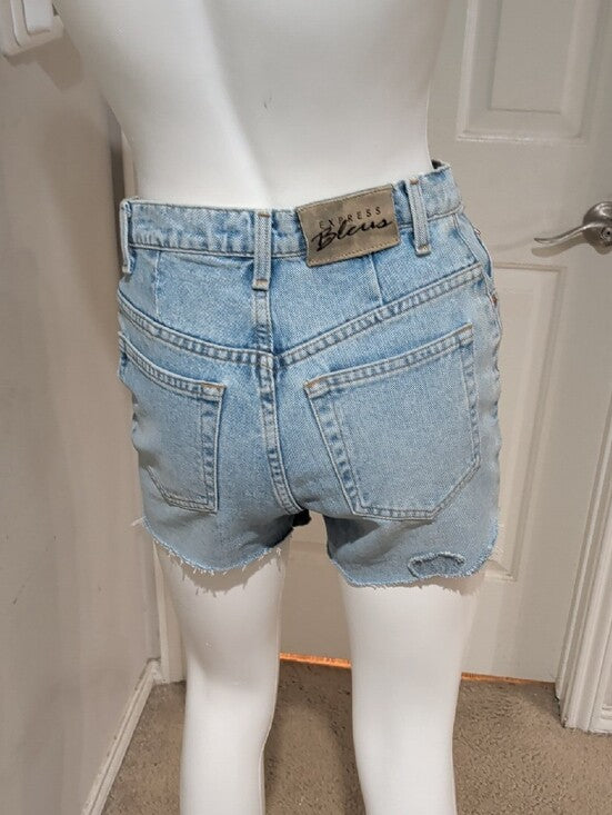 Express Bleus Light Wash Denim Shorts w/ Floral Appliqués Women's 3/4 Retro y2k 90s VTG