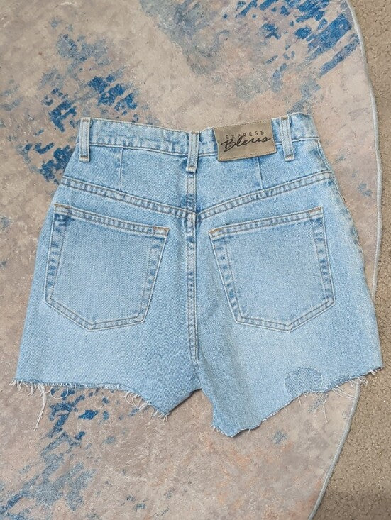 Express Bleus Light Wash Denim Shorts w/ Floral Appliqués Women's 3/4 Retro y2k 90s VTG