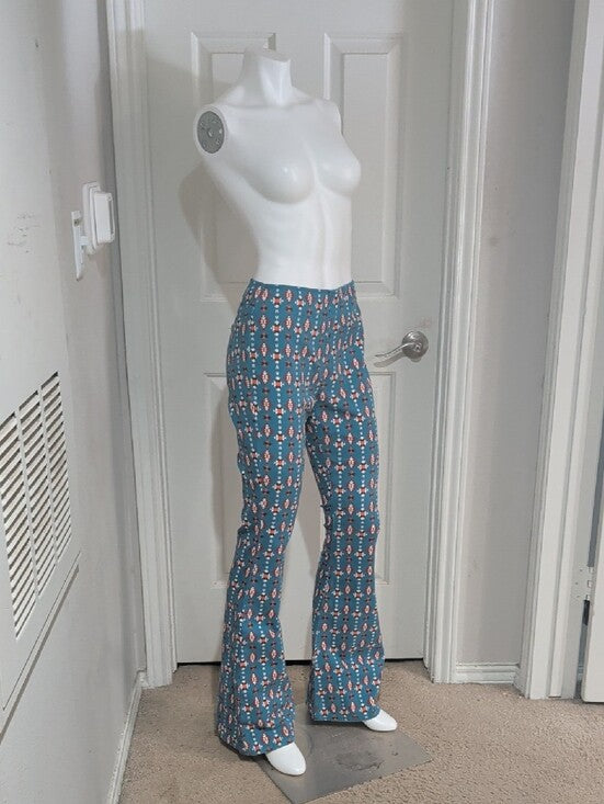 Rock & Roll Denim Teal Floral-Print Pull-On Flared Pants Women's 28x34 New
