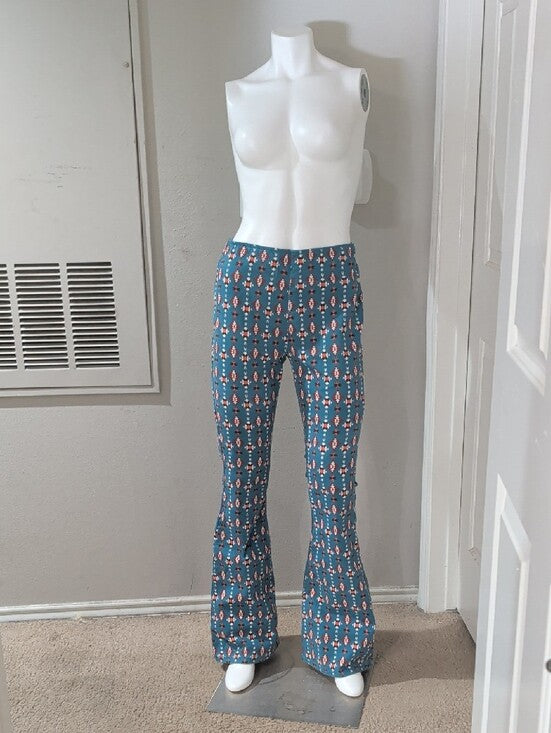 Rock & Roll Denim Teal Floral-Print Pull-On Flared Pants Women's 28x34 New