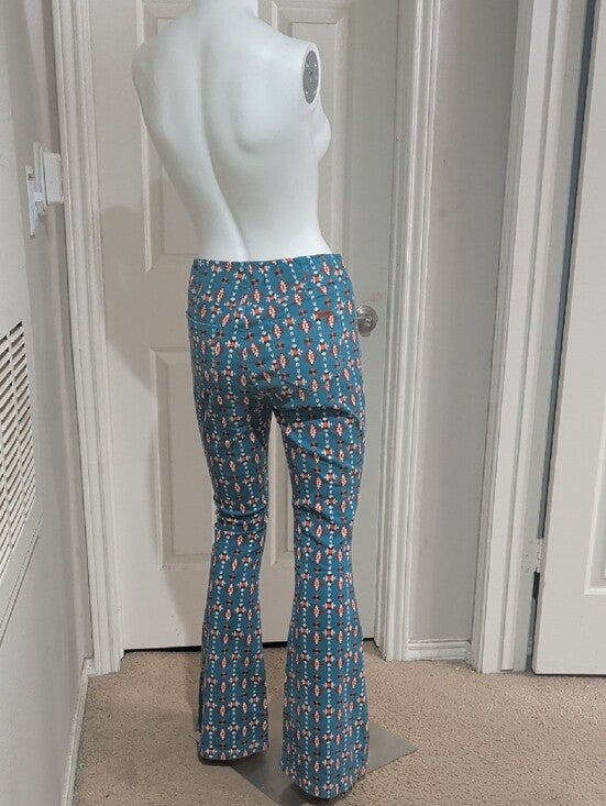Rock & Roll Denim Teal Floral-Print Pull-On Flared Pants Women's 28x34 New