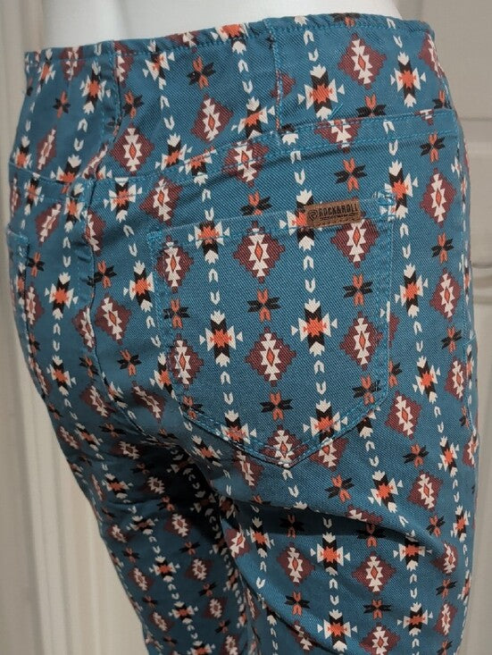 Rock & Roll Denim Teal Floral-Print Pull-On Flared Pants Women's 28x34 New