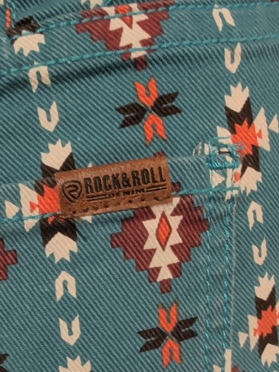 Rock & Roll Denim Teal Floral-Print Pull-On Flared Pants Women's 28x34 New
