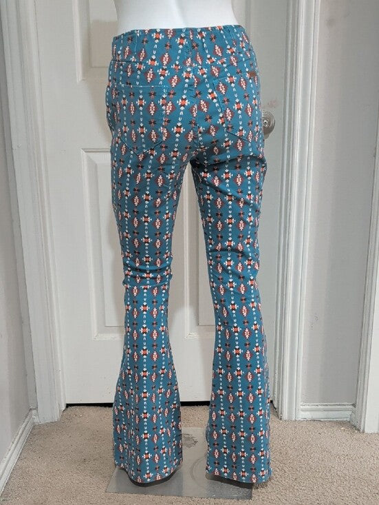 Rock & Roll Denim Teal Floral-Print Pull-On Flared Pants Women's 28x34 New