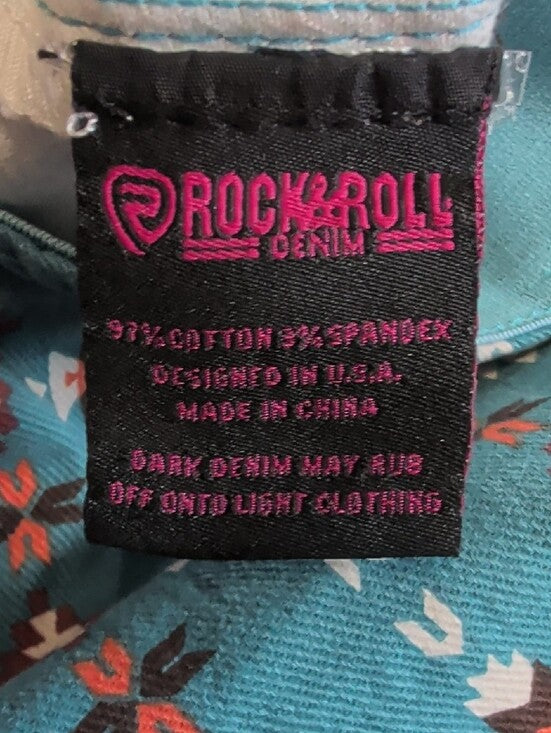 Rock & Roll Denim Teal Floral-Print Pull-On Flared Pants Women's 28x34 New