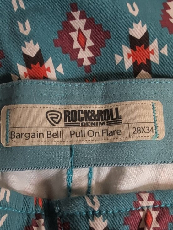Rock & Roll Denim Teal Floral-Print Pull-On Flared Pants Women's 28x34 New