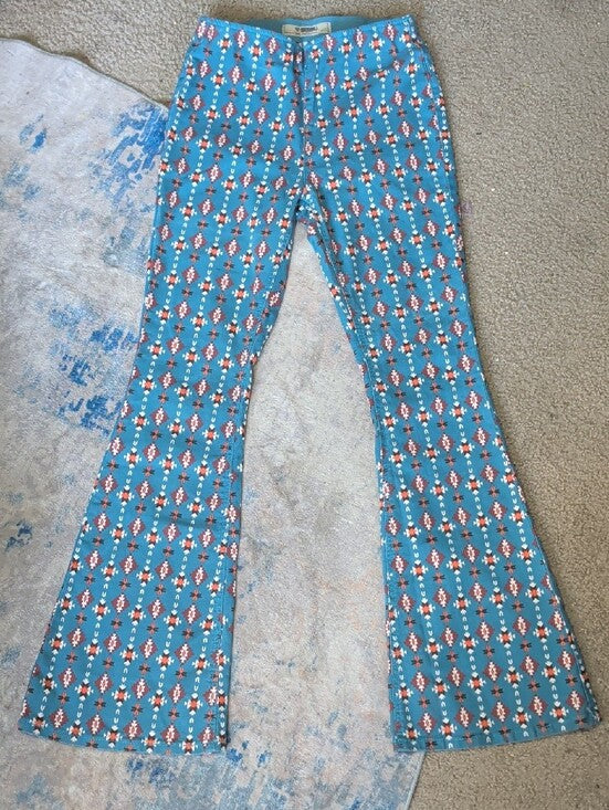 Rock & Roll Denim Teal Floral-Print Pull-On Flared Pants Women's 28x34 New