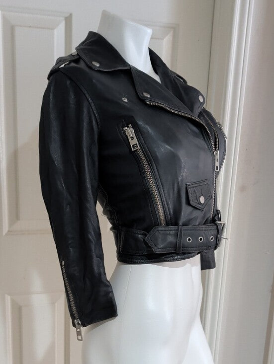 All Saints Limited Edition Black Leather Brooklyn Biker Moto Jacket Women's 0