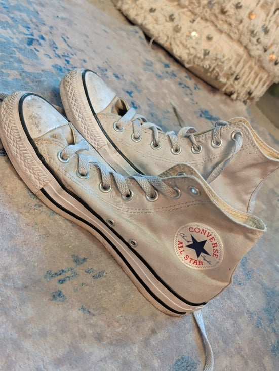 Converse High Top Sneakers in Off-White Grey W/ Black Trim Women's 7/ Men's 5 US