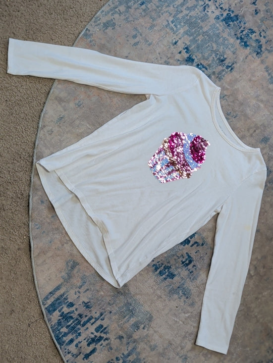 Place White Long-Sleeve Tee with Pink Sequin Cupcake Girls Large (10-12)