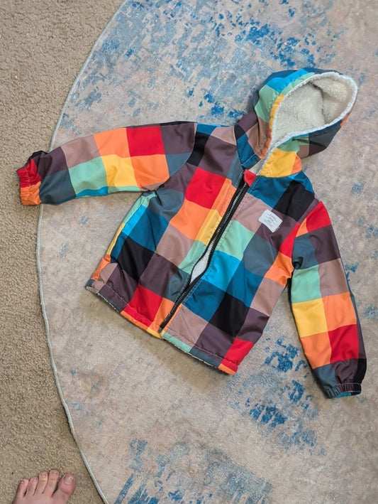 Kids Multicolor Checkered Hooded Jacket - Cozy Sherpa Lining 5Y