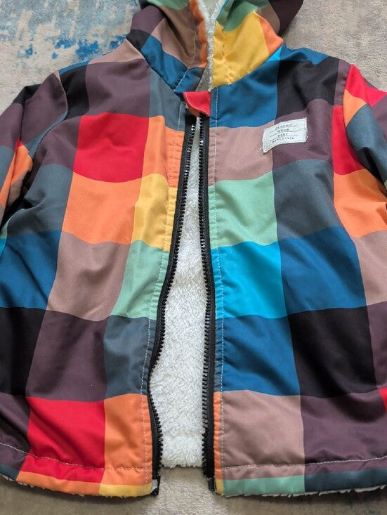 Kids Multicolor Checkered Hooded Jacket - Cozy Sherpa Lining 5Y