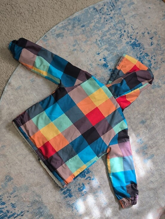 Kids Multicolor Checkered Hooded Jacket - Cozy Sherpa Lining 5Y