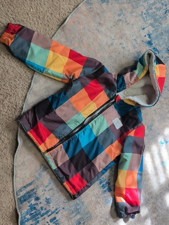 Kids Multicolor Checkered Hooded Jacket - Cozy Sherpa Lining 5Y