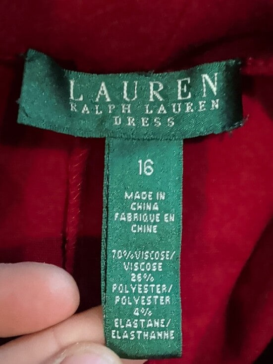 Ralph Lauren Deep Red 3/4 Sleeve Cowl-Neck Midi Dress Women's 16