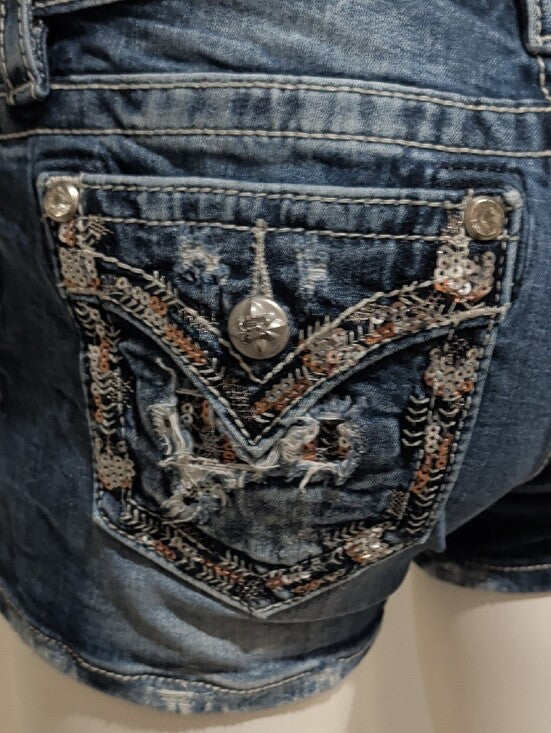 Miss Me Distressed Medium Blue Low-Rise Denim Shorts Y2K Women's 28 Retro