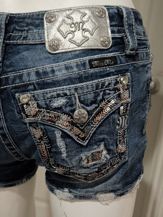Miss Me Distressed Medium Blue Low-Rise Denim Shorts Y2K Women's 28 Retro
