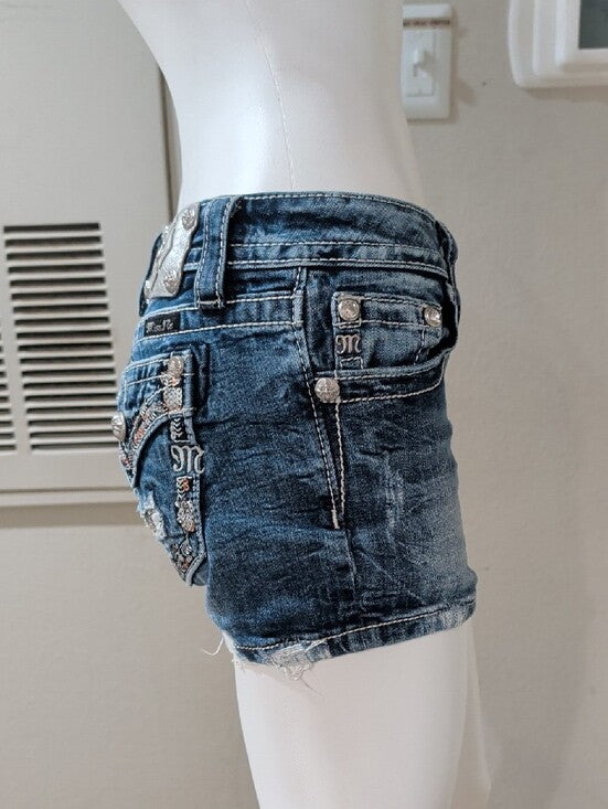Miss Me Distressed Medium Blue Low-Rise Denim Shorts Y2K Women's 28 Retro