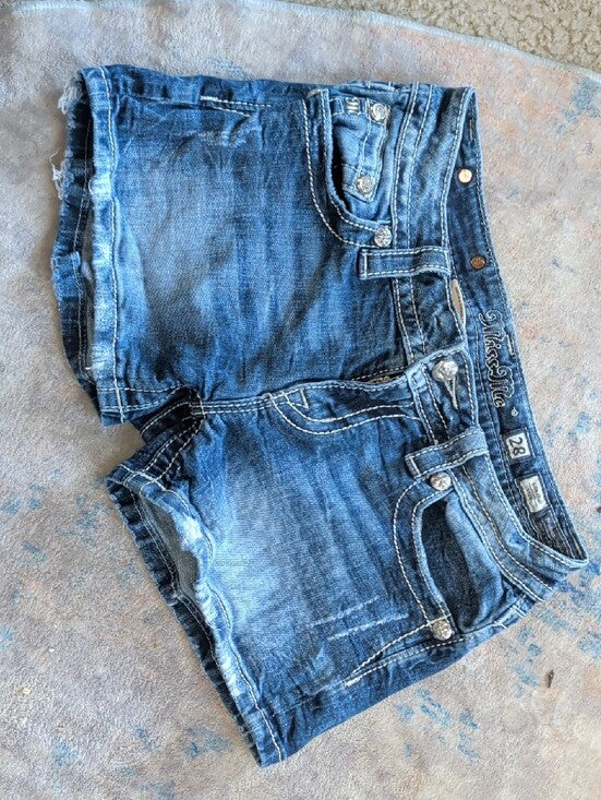 Miss Me Distressed Medium Blue Low-Rise Denim Shorts Y2K Women's 28 Retro