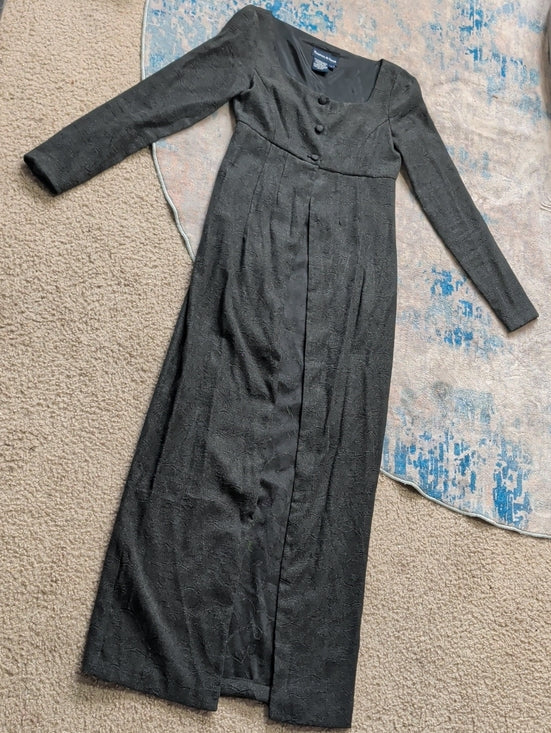 Tritan & Iseut Black Long-Sleeve Textured Maxi Duster Coat w Button Bodice 1/XXS