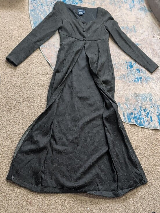 Tritan & Iseut Black Long-Sleeve Textured Maxi Duster Coat w Button Bodice 1/XXS
