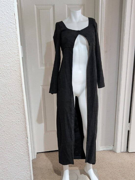 Tritan & Iseut Black Long-Sleeve Textured Maxi Duster Coat w Button Bodice 1/XXS