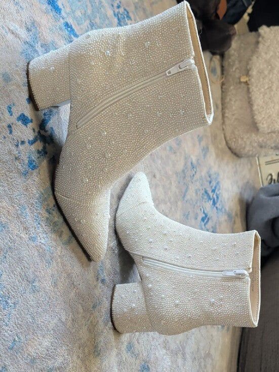 Betsey Johnson Pearl-Embellished White Ankle Booties with Block Heel Women's 6.5