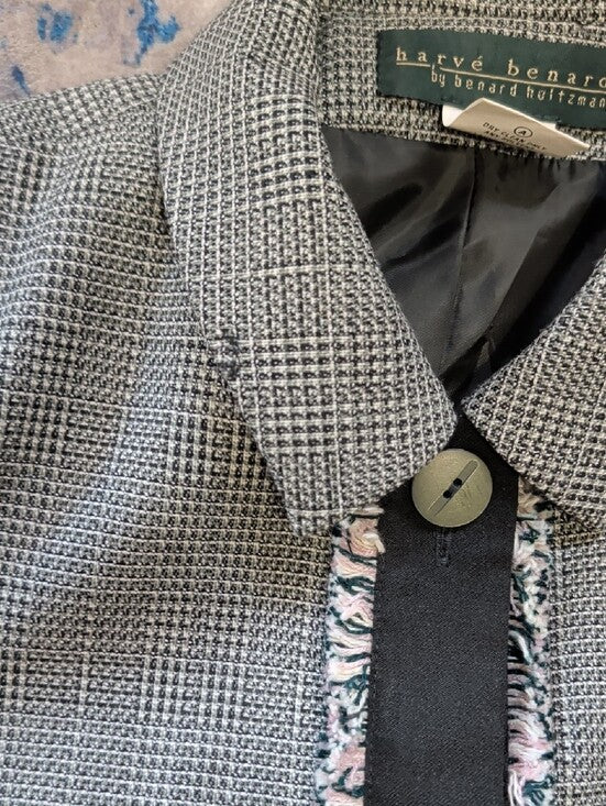 Vintage 1980's Harve Benard Black, White, & Pink 100% Wool Cropped Blazer Women's 10