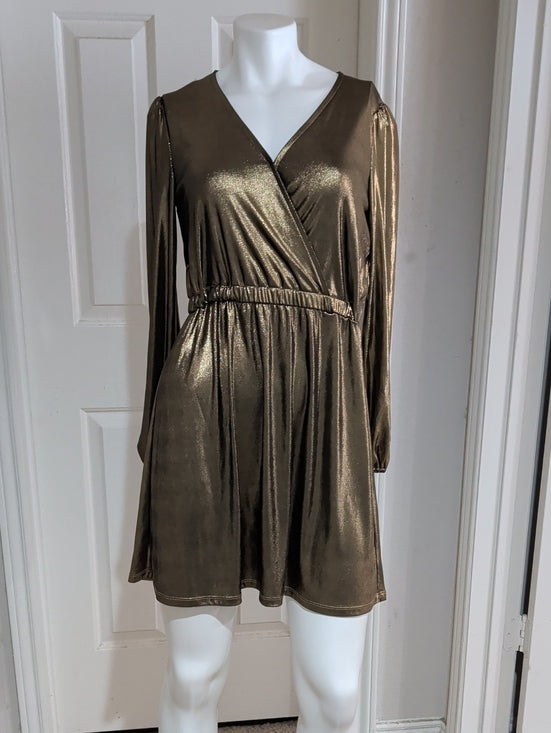 Michael Kors Metallic Bronze Long-Sleeve Mock Wrap Dress Women's Small New