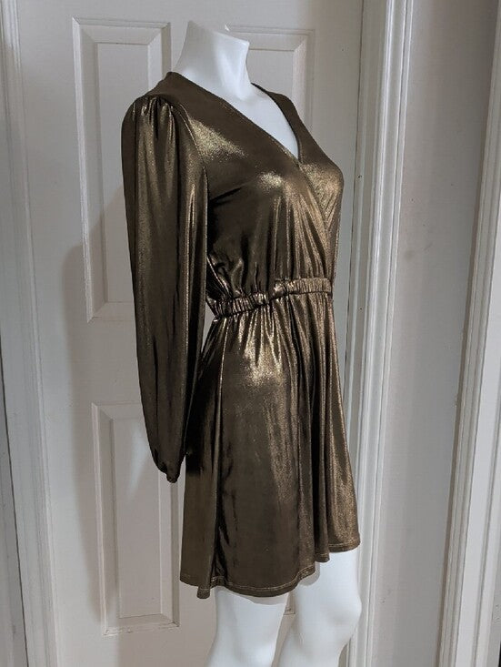 Michael Kors Metallic Bronze Long-Sleeve Mock Wrap Dress Women's Small New