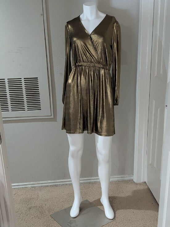 Michael Kors Metallic Bronze Long-Sleeve Mock Wrap Dress Women's Small New