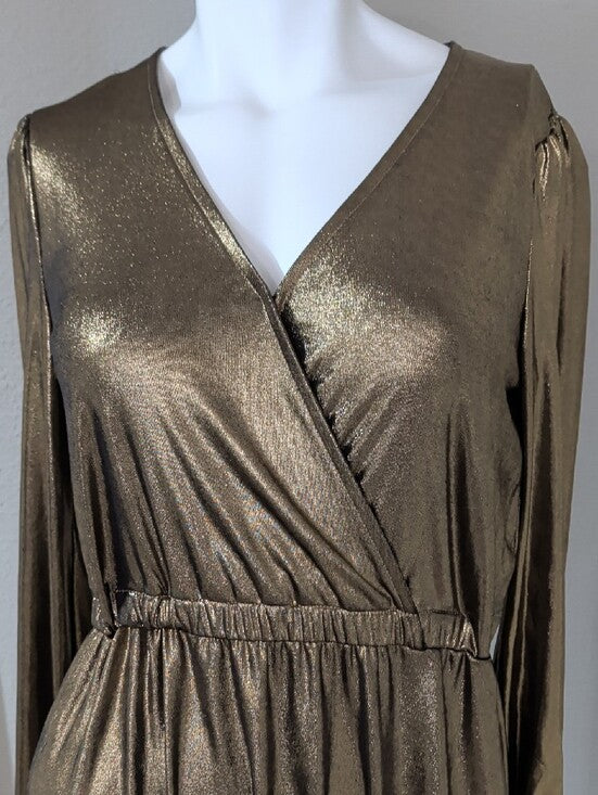 Michael Kors Metallic Bronze Long-Sleeve Mock Wrap Dress Women's Small New