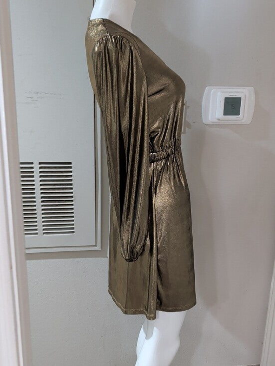 Michael Kors Metallic Bronze Long-Sleeve Mock Wrap Dress Women's Small New