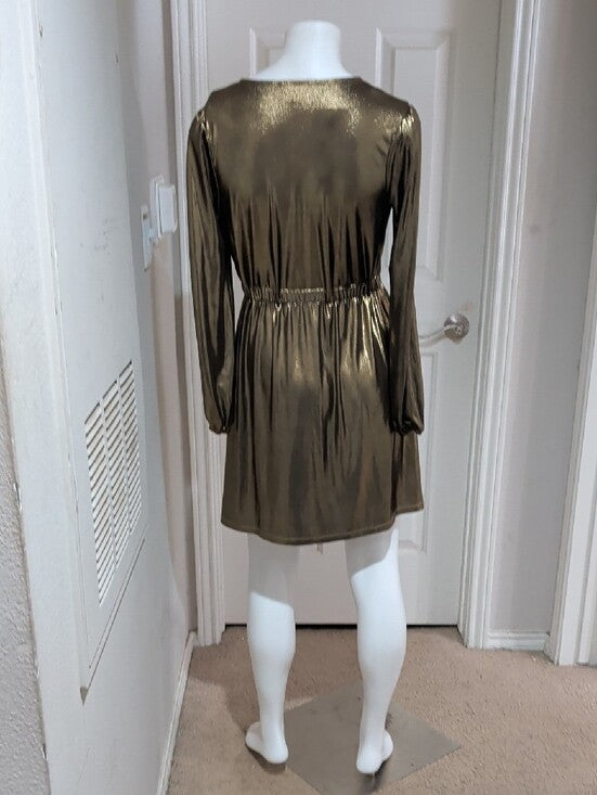 Michael Kors Metallic Bronze Long-Sleeve Mock Wrap Dress Women's Small New