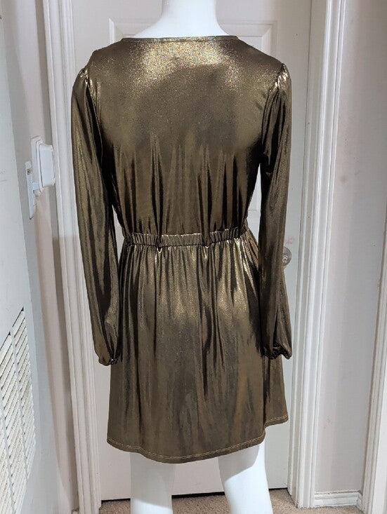 Michael Kors Metallic Bronze Long-Sleeve Mock Wrap Dress Women's Small New