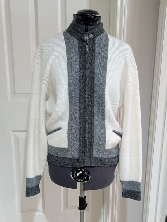 VTG 1960's-70's The Hub Orlon Acrylic Two-Tone Gray & White Knit Zip Cardigan Retro Men's M