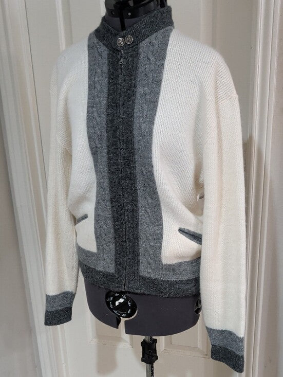 VTG 1960's-70's The Hub Orlon Acrylic Two-Tone Gray & White Knit Zip Cardigan Retro Men's M