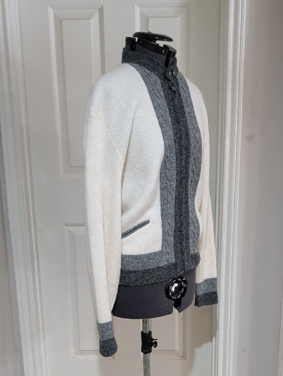 VTG 1960's-70's The Hub Orlon Acrylic Two-Tone Gray & White Knit Zip Cardigan Retro Men's M