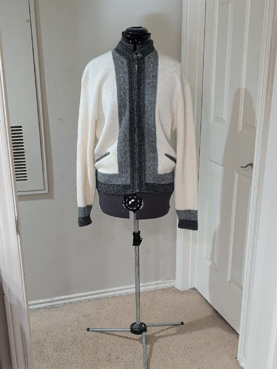 VTG 1960's-70's The Hub Orlon Acrylic Two-Tone Gray & White Knit Zip Cardigan Retro Men's M