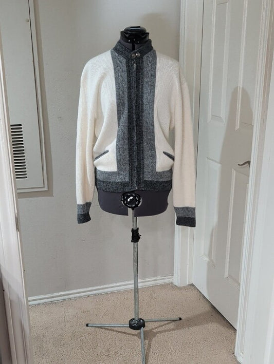 VTG 1960's-70's The Hub Orlon Acrylic Two-Tone Gray & White Knit Zip Cardigan Retro Men's M