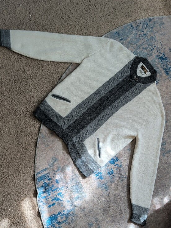 VTG 1960's-70's The Hub Orlon Acrylic Two-Tone Gray & White Knit Zip Cardigan Retro Men's M