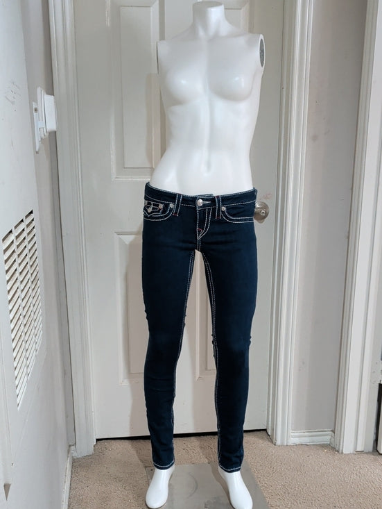 True Religion Dark Indigo Low-Rise Skinny Jeans w/ Contrast Stitching Sz 27 Y2K