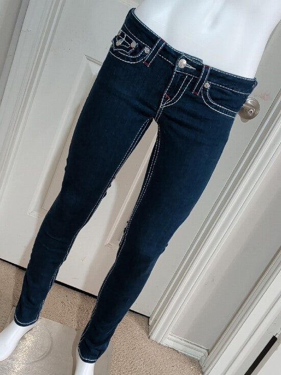 True Religion Dark Indigo Low-Rise Skinny Jeans w/ Contrast Stitching Sz 27 Y2K