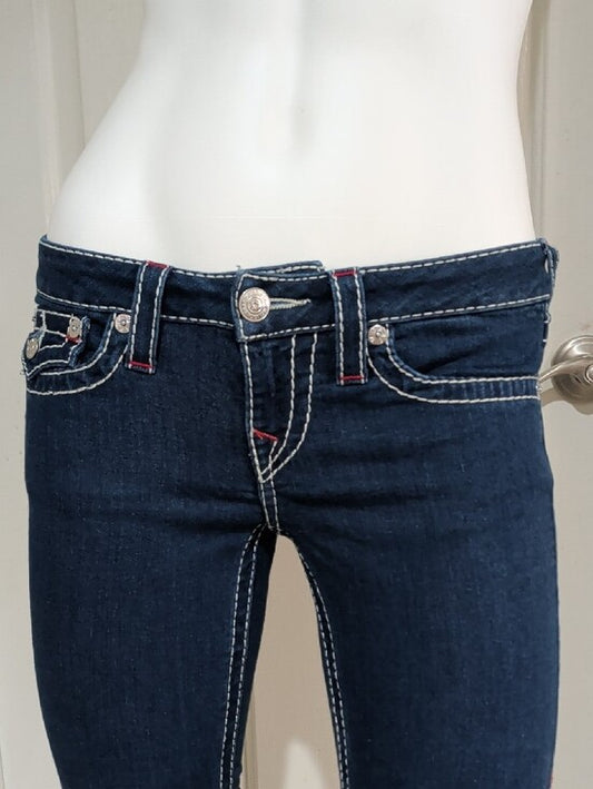 True Religion Dark Indigo Low-Rise Skinny Jeans w/ Contrast Stitching Sz 27 Y2K