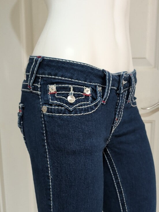 True Religion Dark Indigo Low-Rise Skinny Jeans w/ Contrast Stitching Sz 27 Y2K