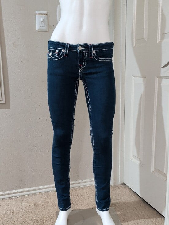 True Religion Dark Indigo Low-Rise Skinny Jeans w/ Contrast Stitching Sz 27 Y2K
