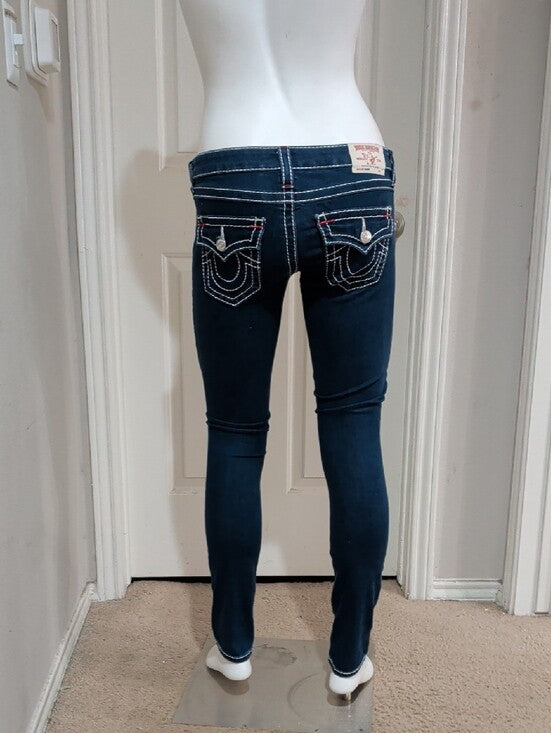 True Religion Dark Indigo Low-Rise Skinny Jeans w/ Contrast Stitching Sz 27 Y2K