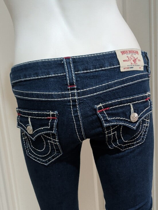 True Religion Dark Indigo Low-Rise Skinny Jeans w/ Contrast Stitching Sz 27 Y2K